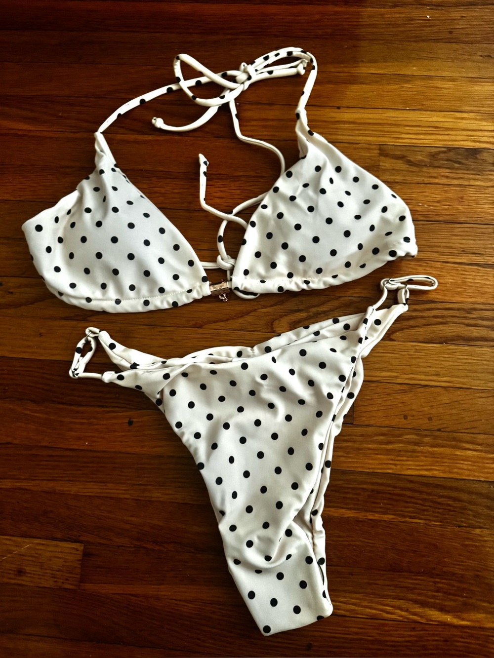 Polka Dot Triangle Bikini Set - Light Yellow with Black Dots